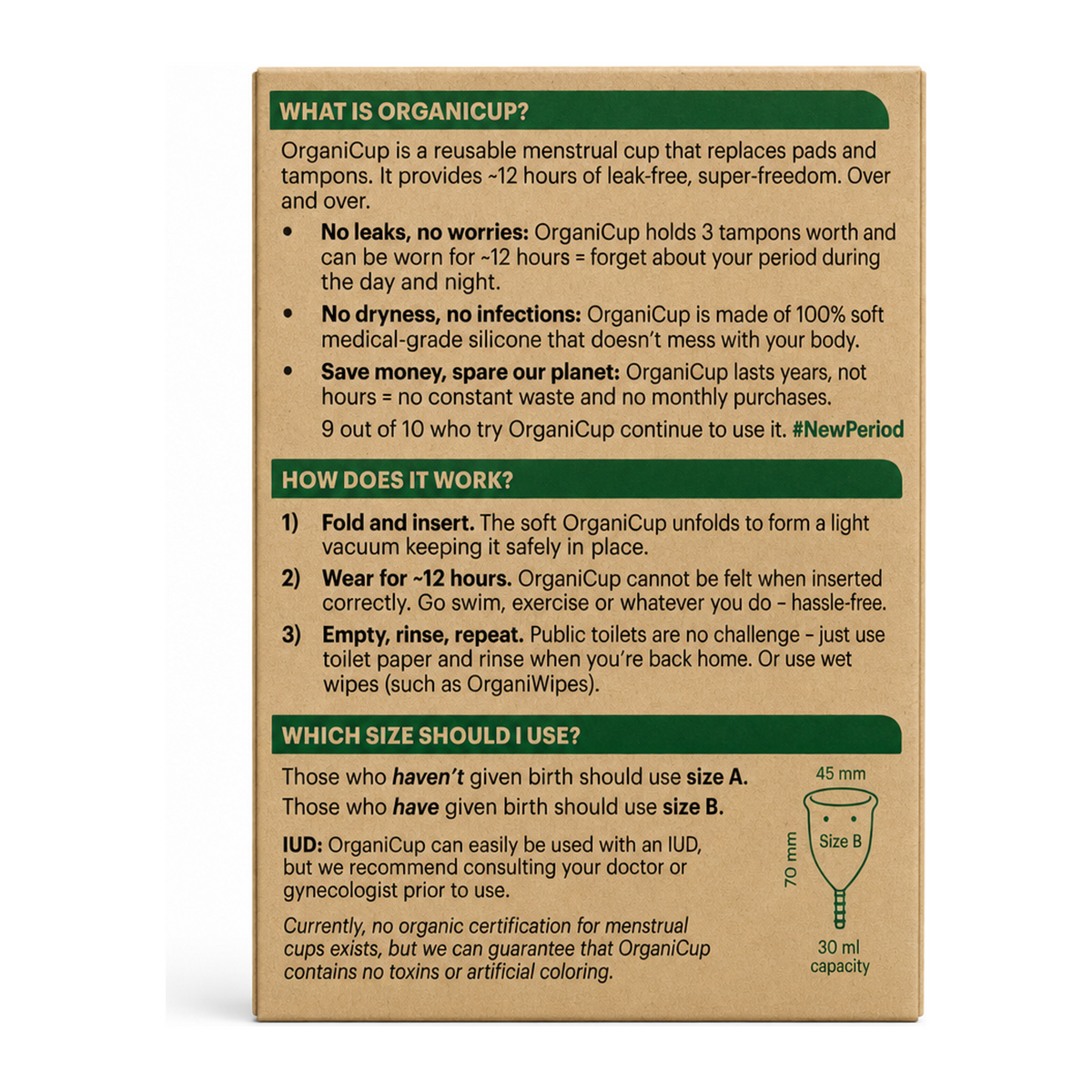 AllMatters Menstrual Cup Size B — back view showing ingredients and product details, studio product photo on white background