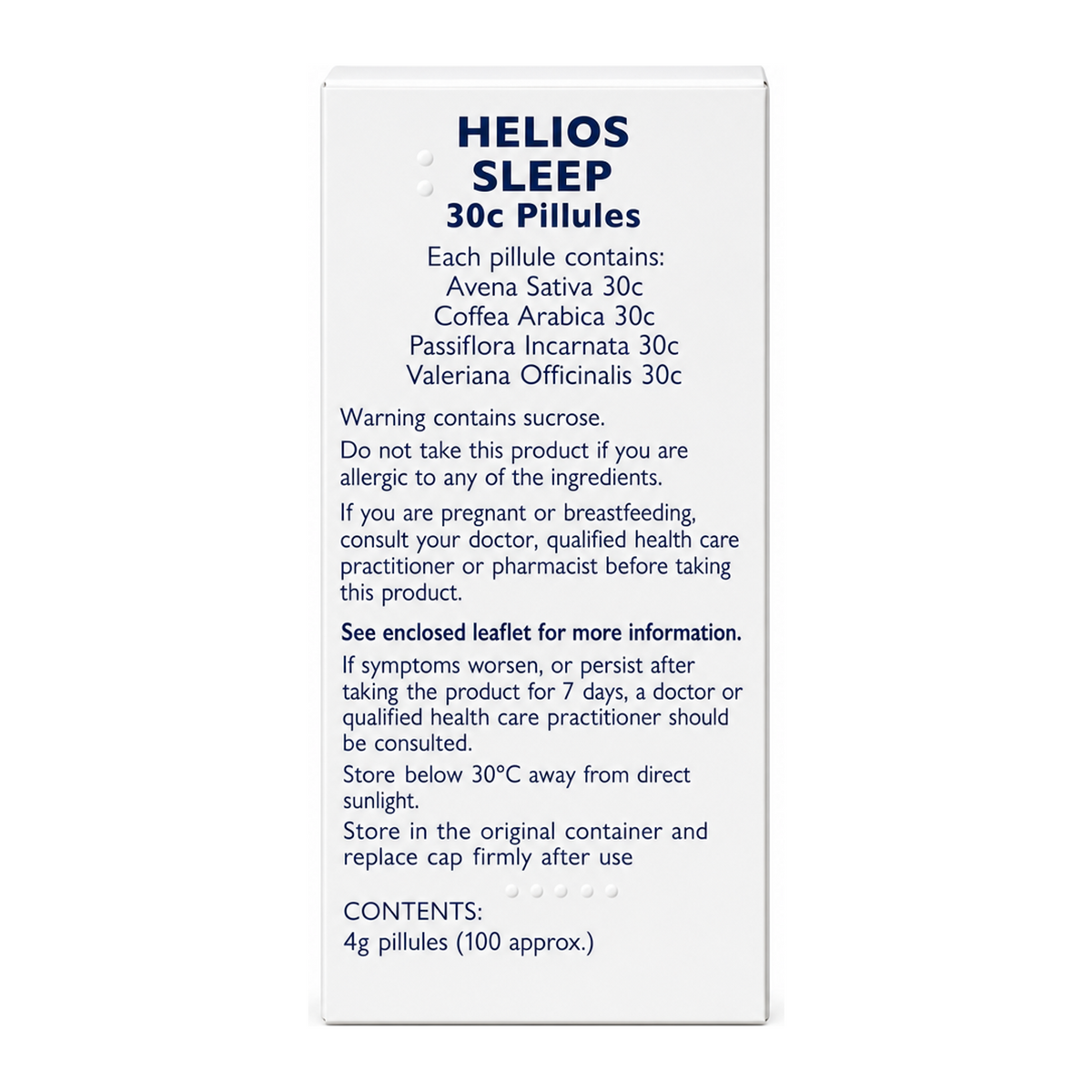 Helios Sleep — back view showing ingredients and product details, studio product photo on white background