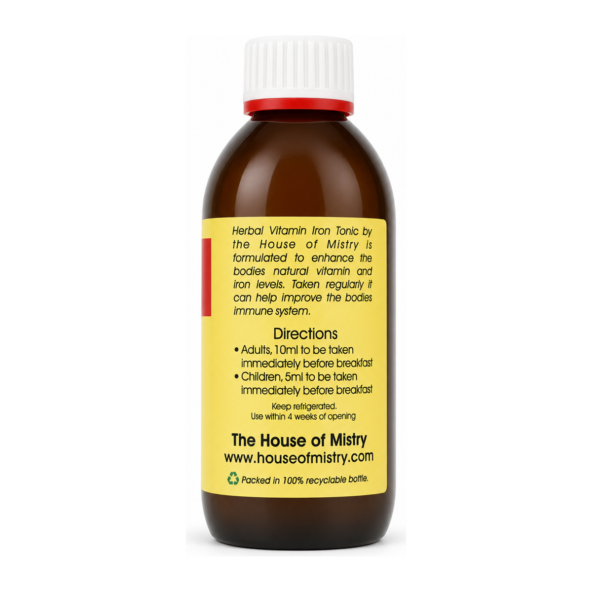 House of Mistry Herbal Vitamin Iron Tonic — back view showing ingredients and product details, studio product photo on white background