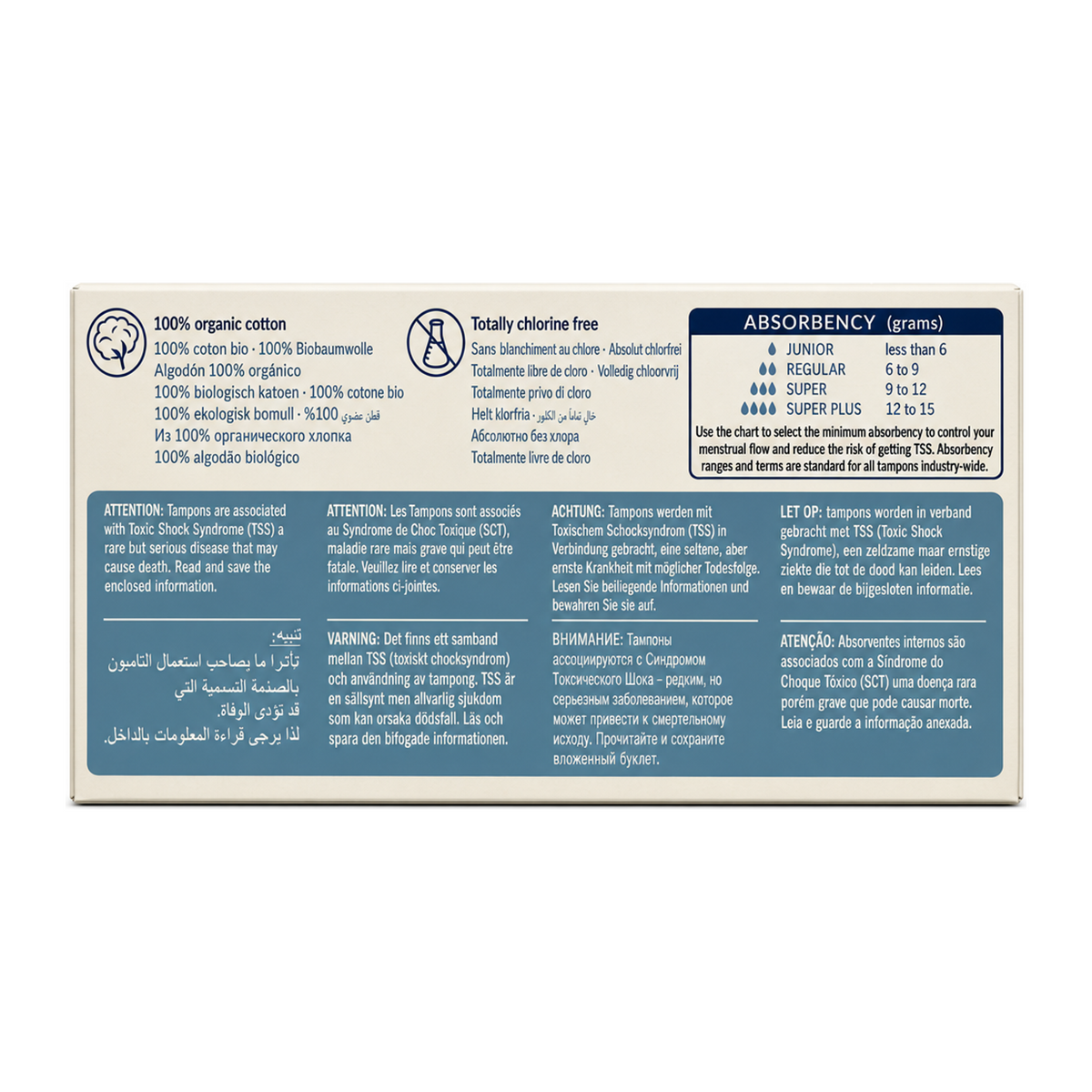 Natracare Organic Non-Applicator Tampons Super Plus x 20 — back view showing ingredients and product details, studio product photo on white background