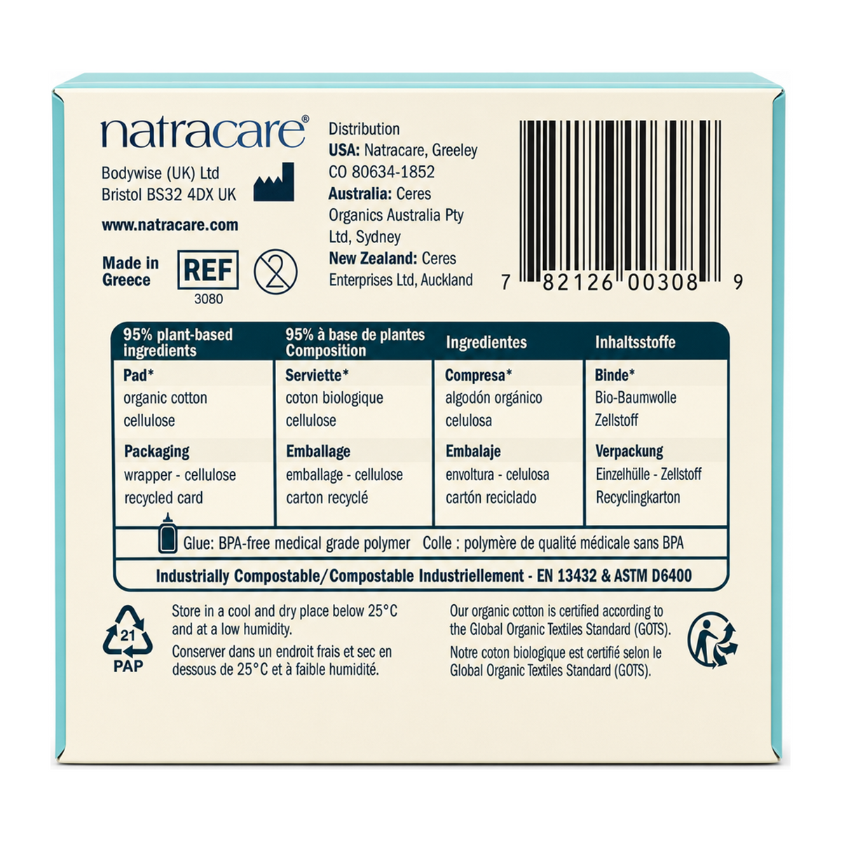 Natracare Natural Ultra Pads Super with wings x 12 — back view showing ingredients and product details, studio product photo on white background