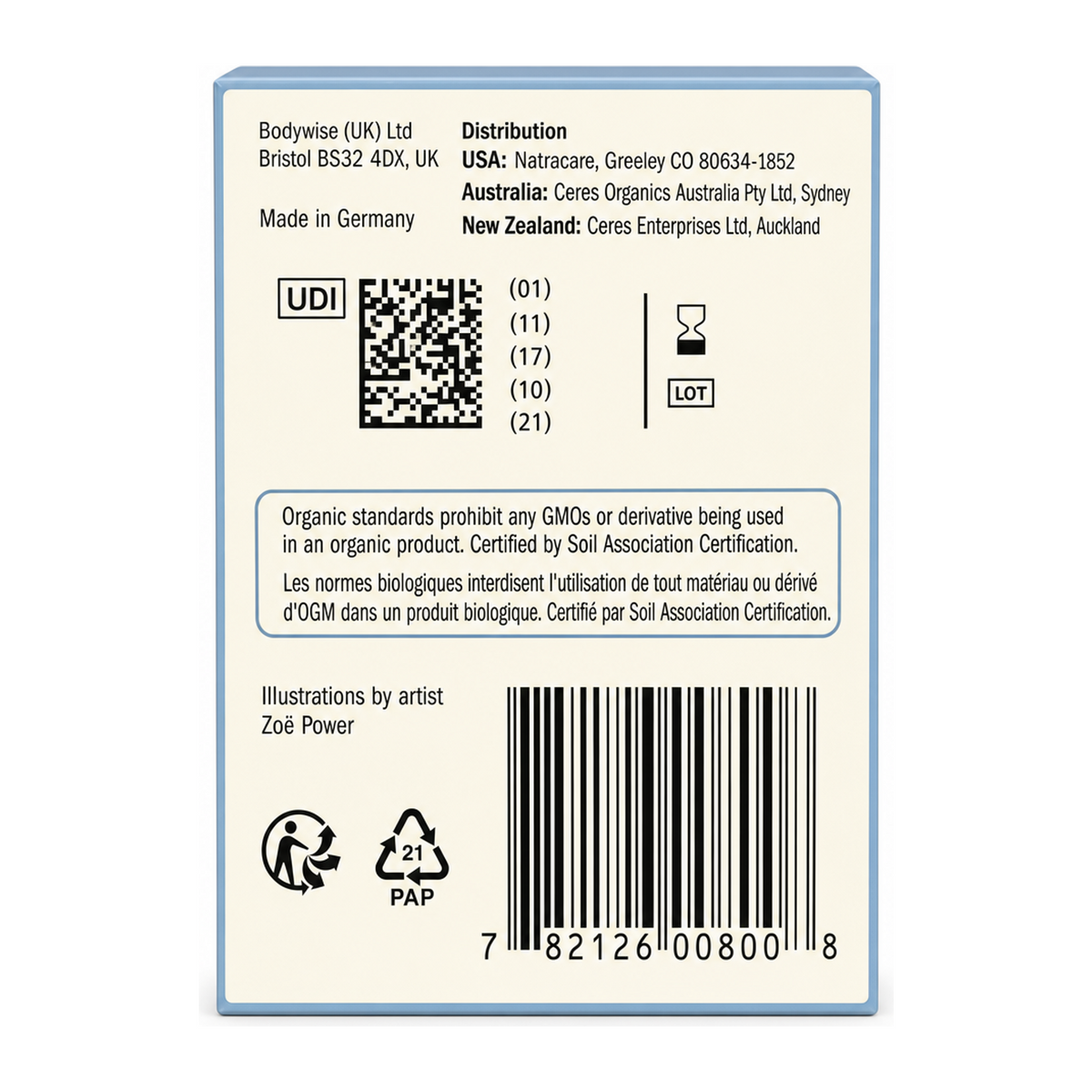 Natracare Organic Applicator Tampons Regular x 16 — back view showing ingredients and product details, studio product photo on white background