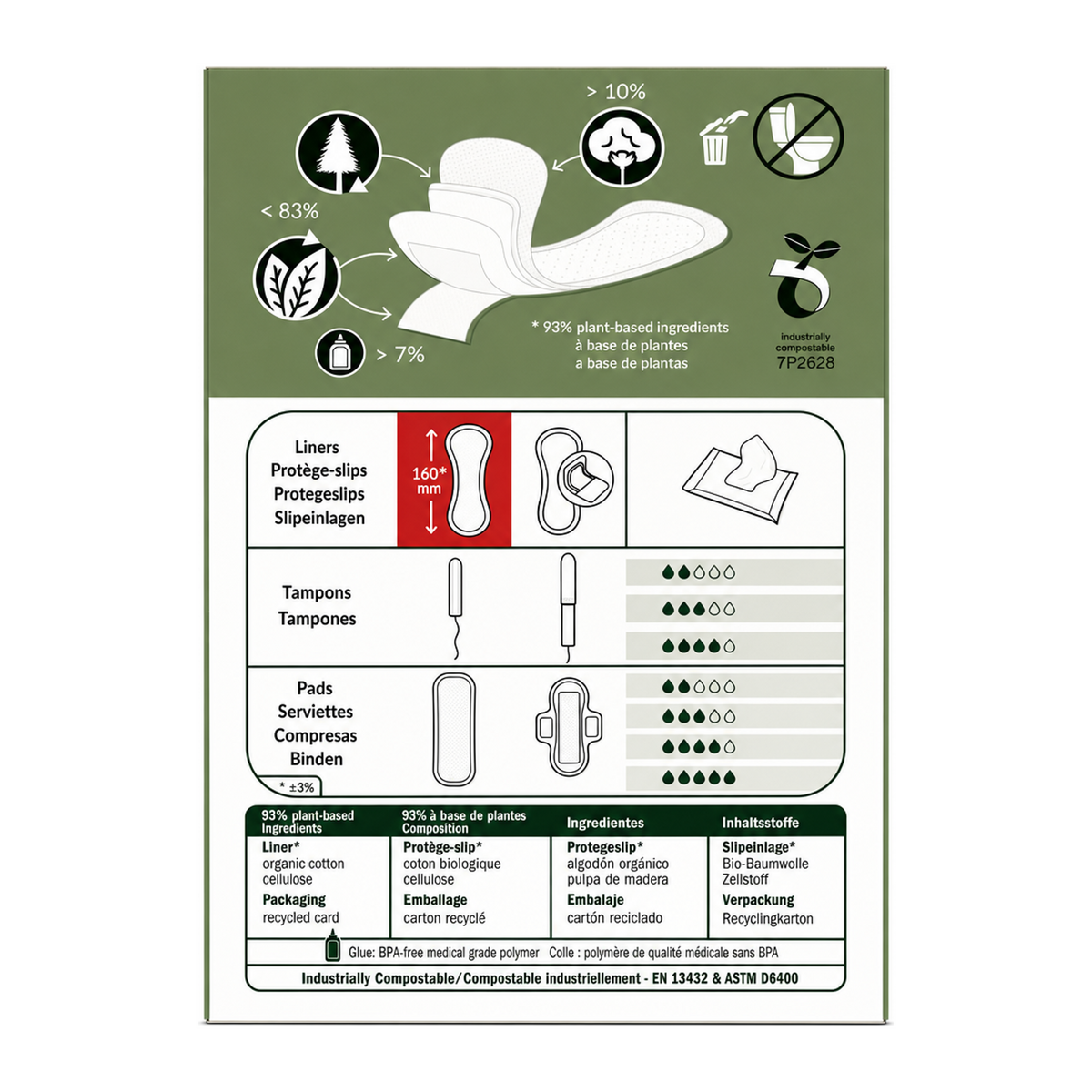 Natracare Natural Pantyliners Curved x 30 — back view showing ingredients and product details, studio product photo on white background