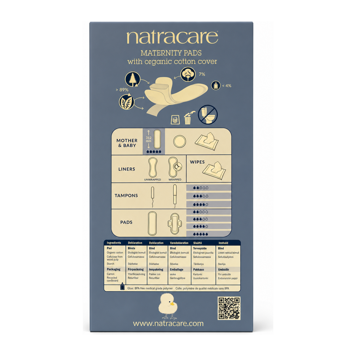 Natracare Natural Maternity Pads x 10 — back view showing ingredients and product details, studio product photo on white background