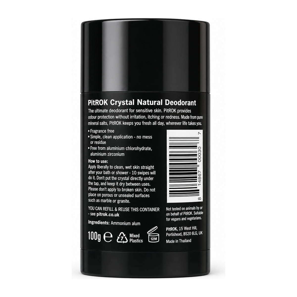 Pitrok Crystal Natural Deodorant Stick — back view showing ingredients and product details, studio product photo on white background