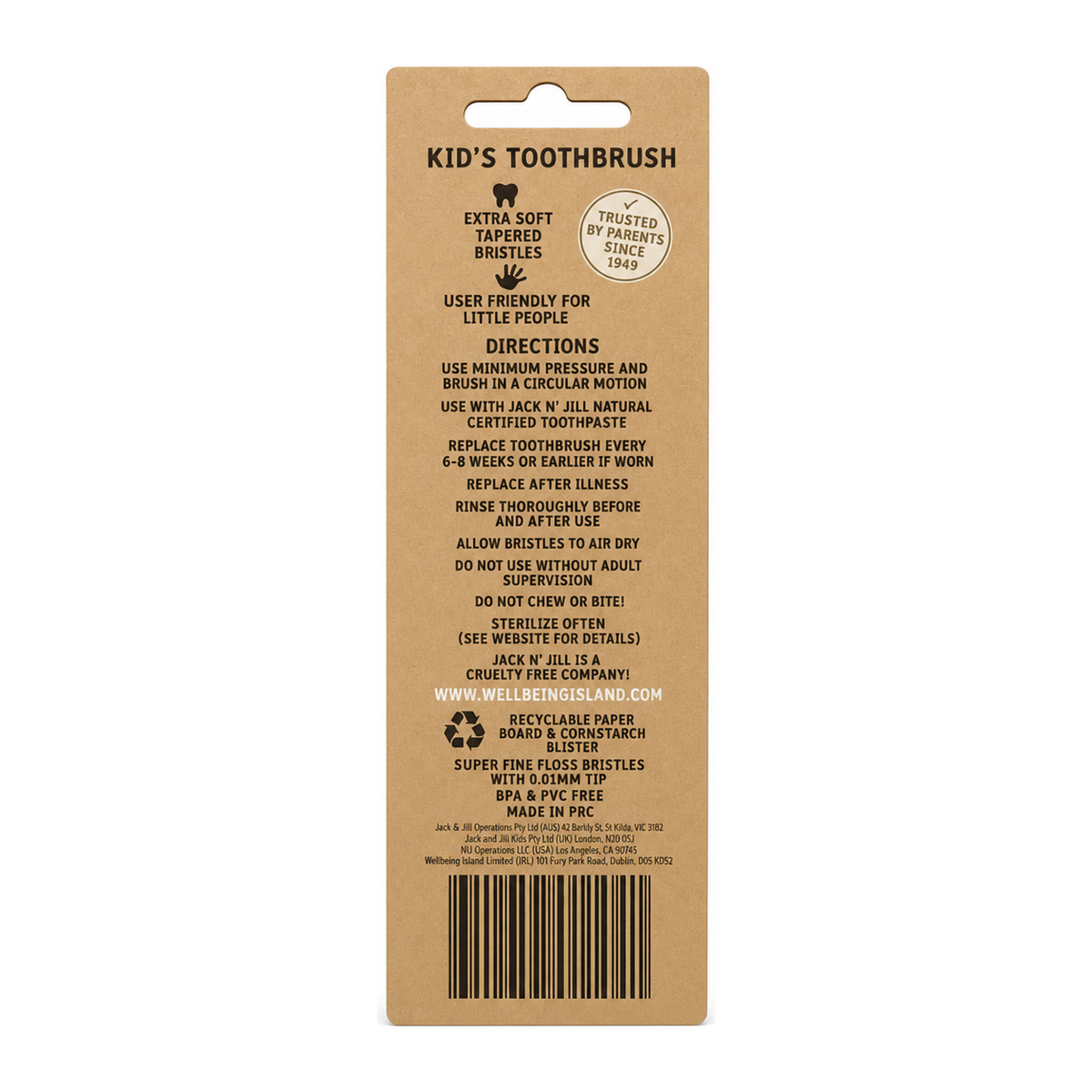 Jack N Jill Bio Toothbrush (TM) Compostable & Biodegradable Handle Bunny — back view showing ingredients and product details, studio product photo on white background