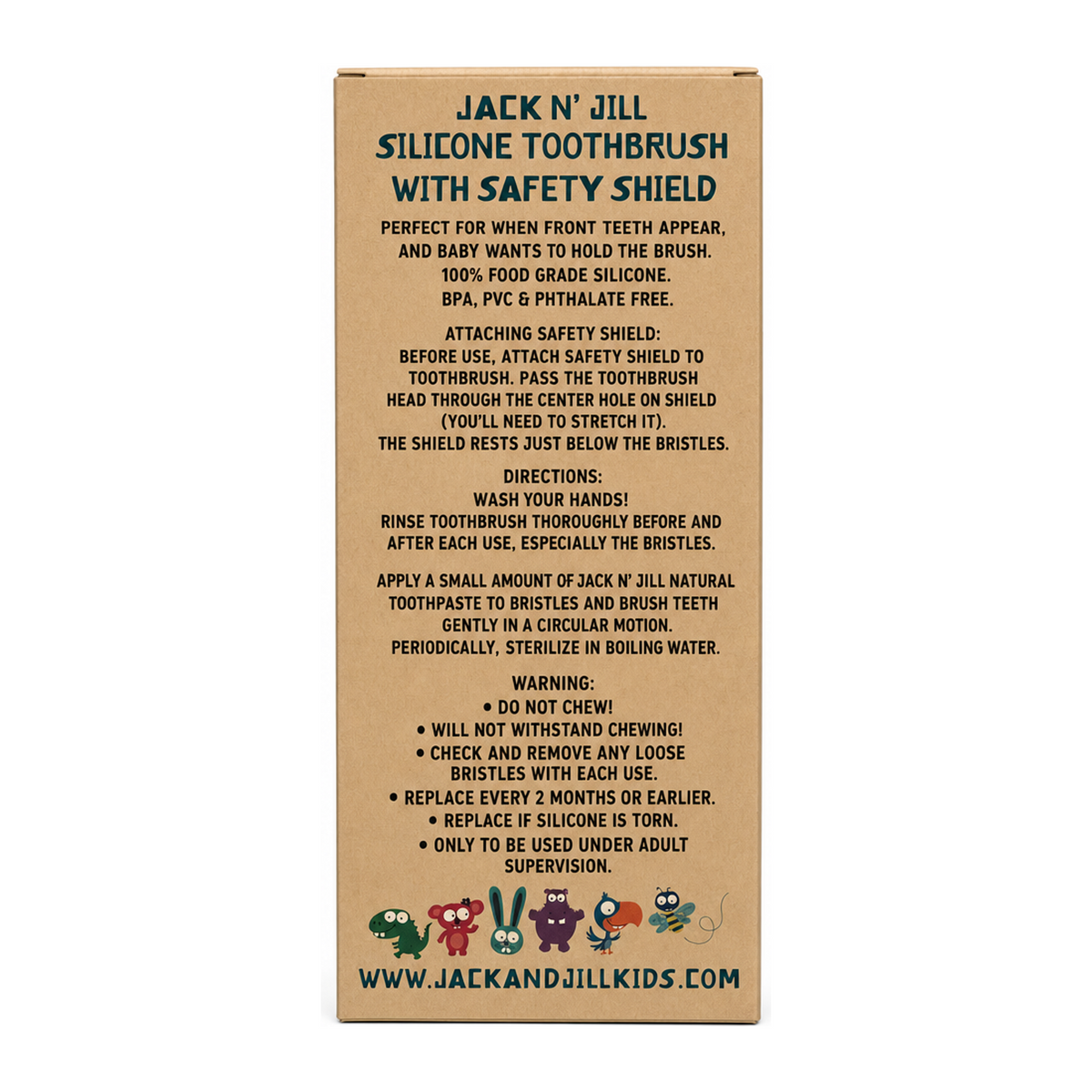 Jack N Jill Silicone Toothbrush 1-4 years — back view showing ingredients and product details, studio product photo on white background