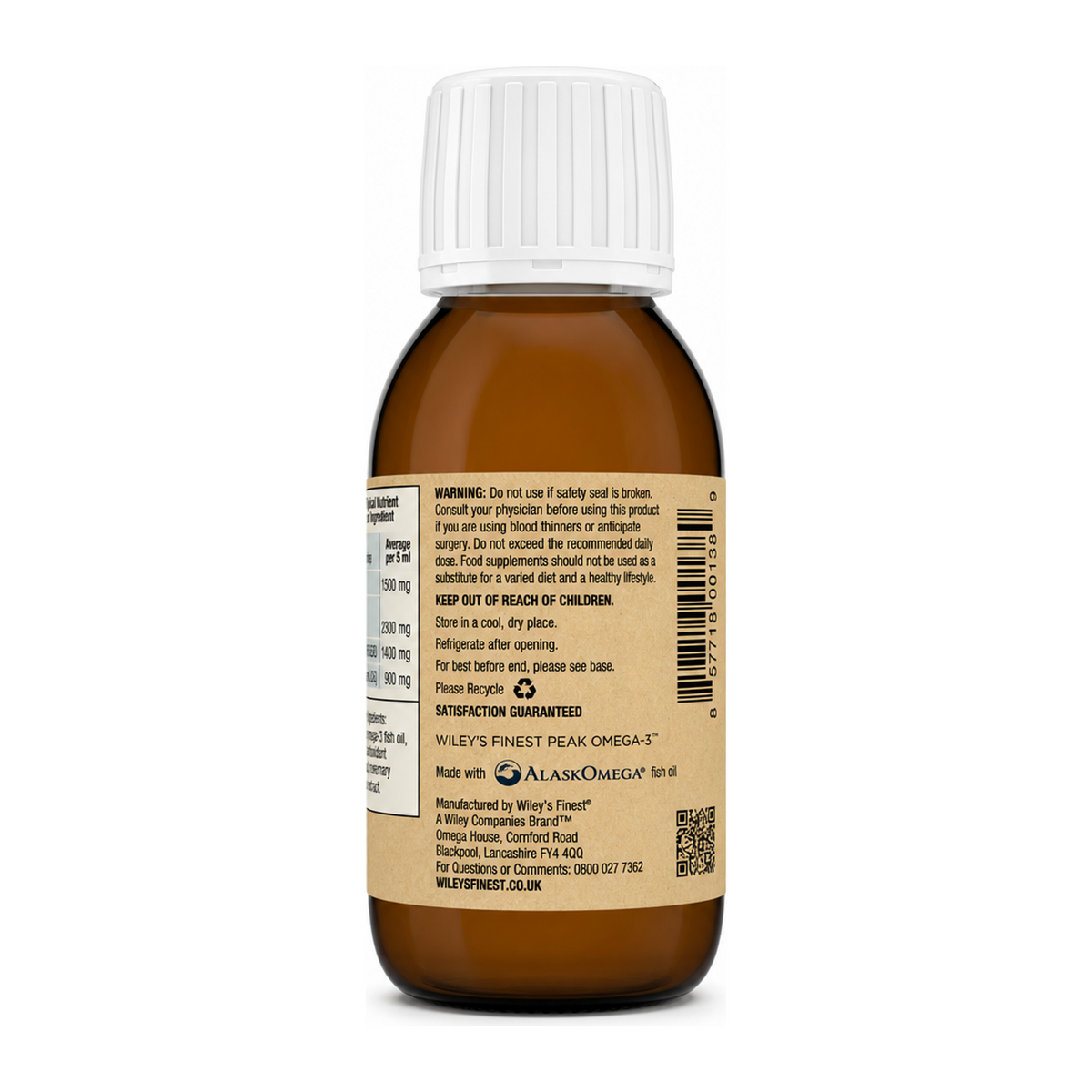 Wiley's Finest Peak Omega-3 Liquid — back view showing ingredients and product details, studio product photo on white background