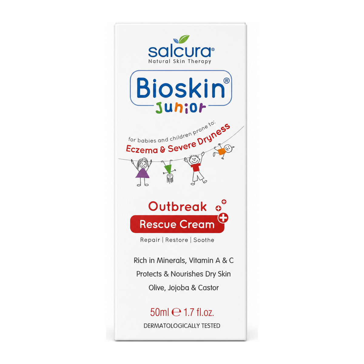 Salcura Bioskin Junior Outbreak Rescue Cream — front view showing product label and branding, studio product photo on white background