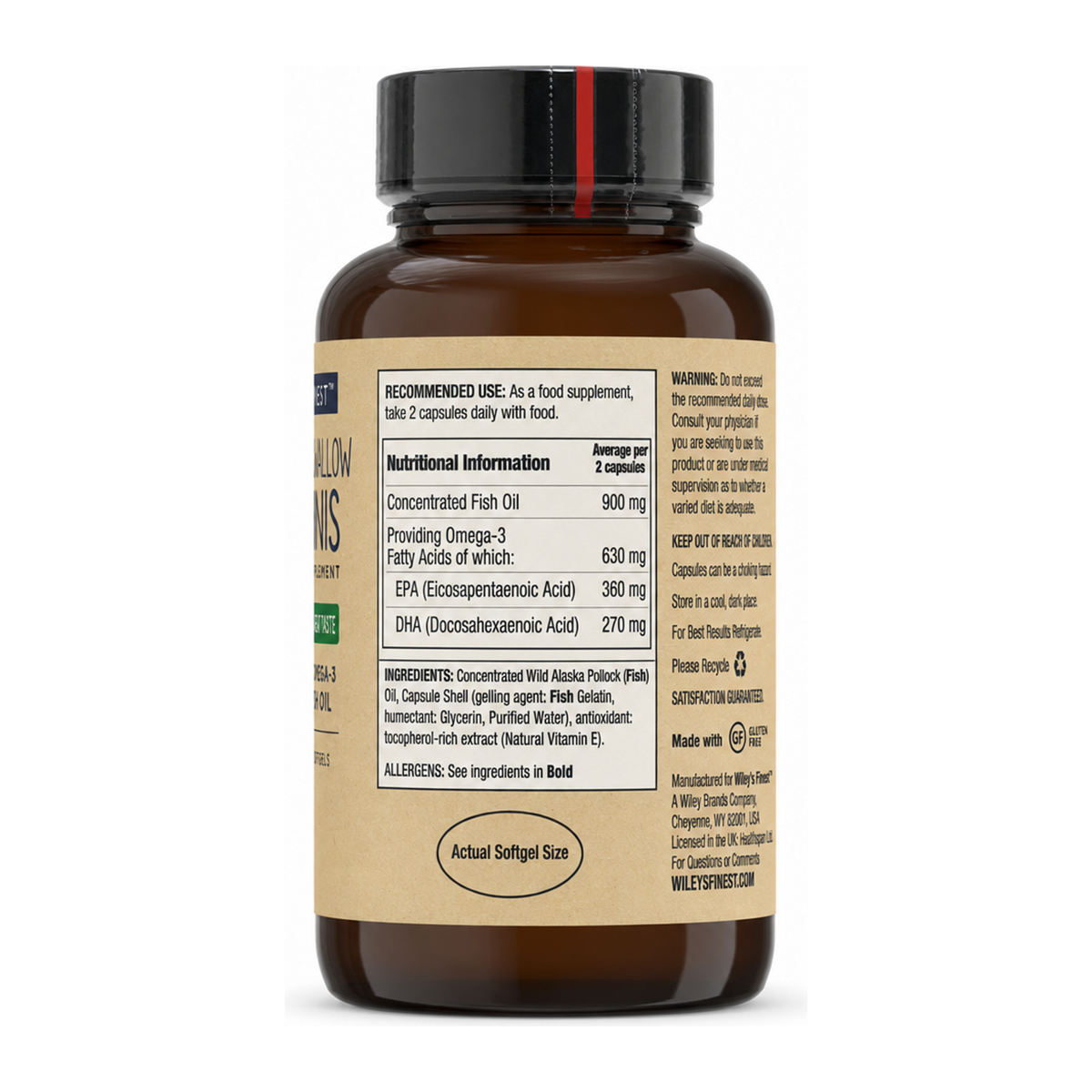 Wiley's Finest Easy Swallow Minis — back view showing ingredients and product details, studio product photo on white background