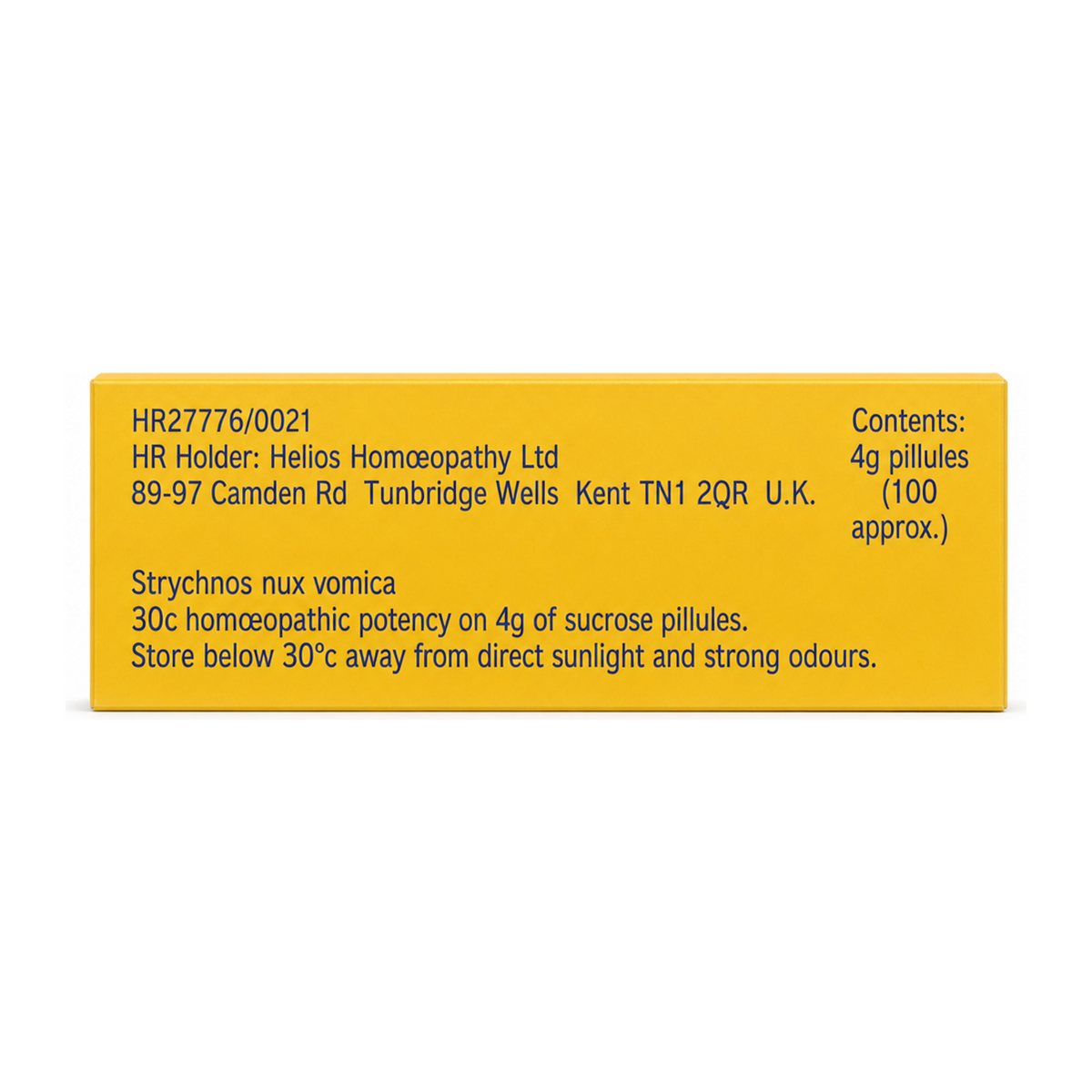 Helios NUX VOMICA 30c — back view showing ingredients and product details, studio product photo on white background