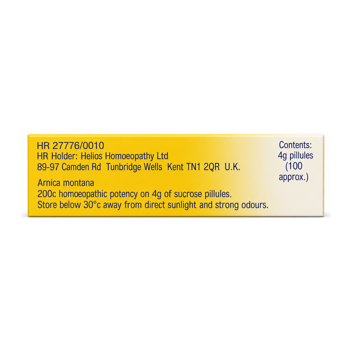 HELIOS ARNICA 200C — back view showing ingredients and product details, studio product photo on white background