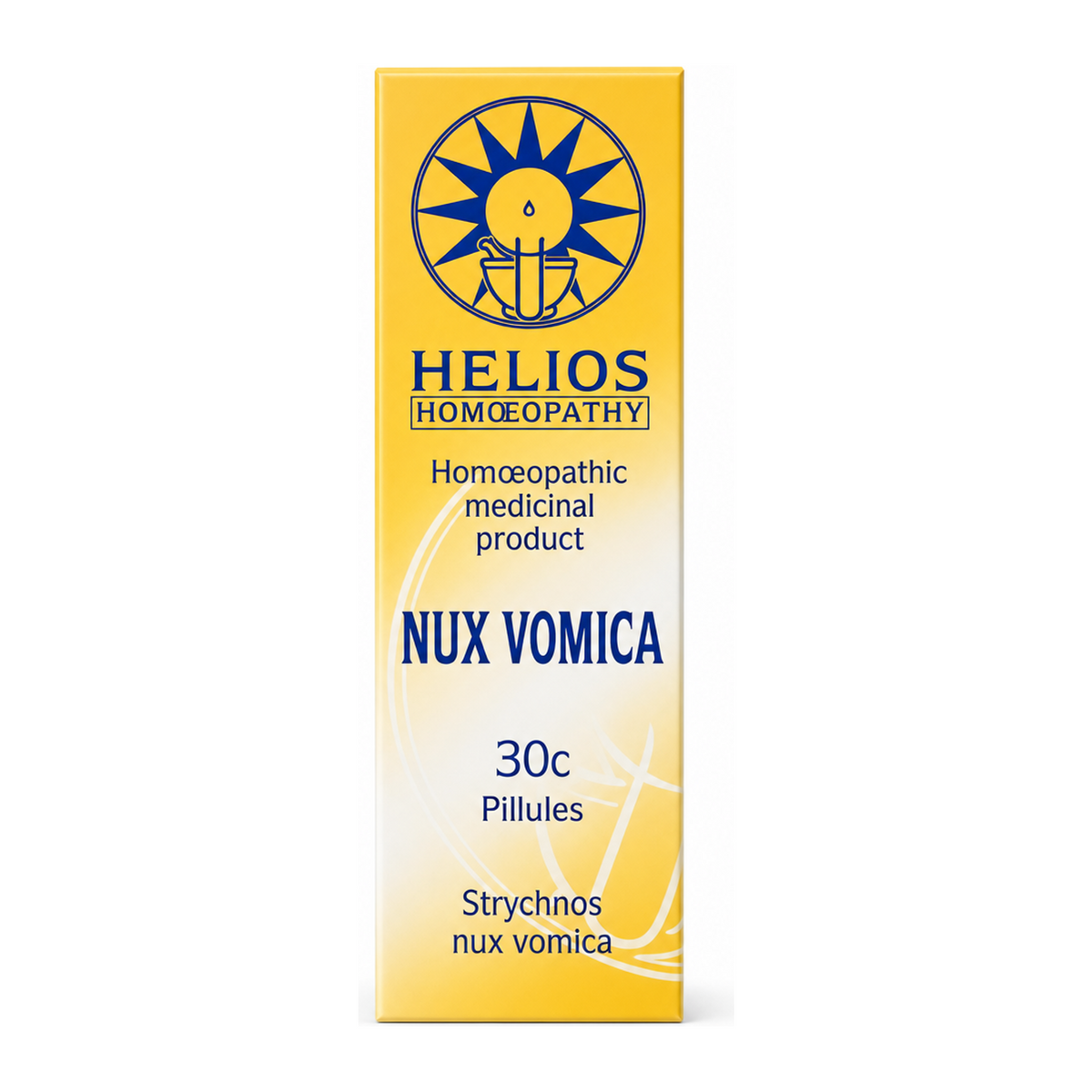 Helios NUX VOMICA 30c — front view showing product label and branding, studio product photo on white background