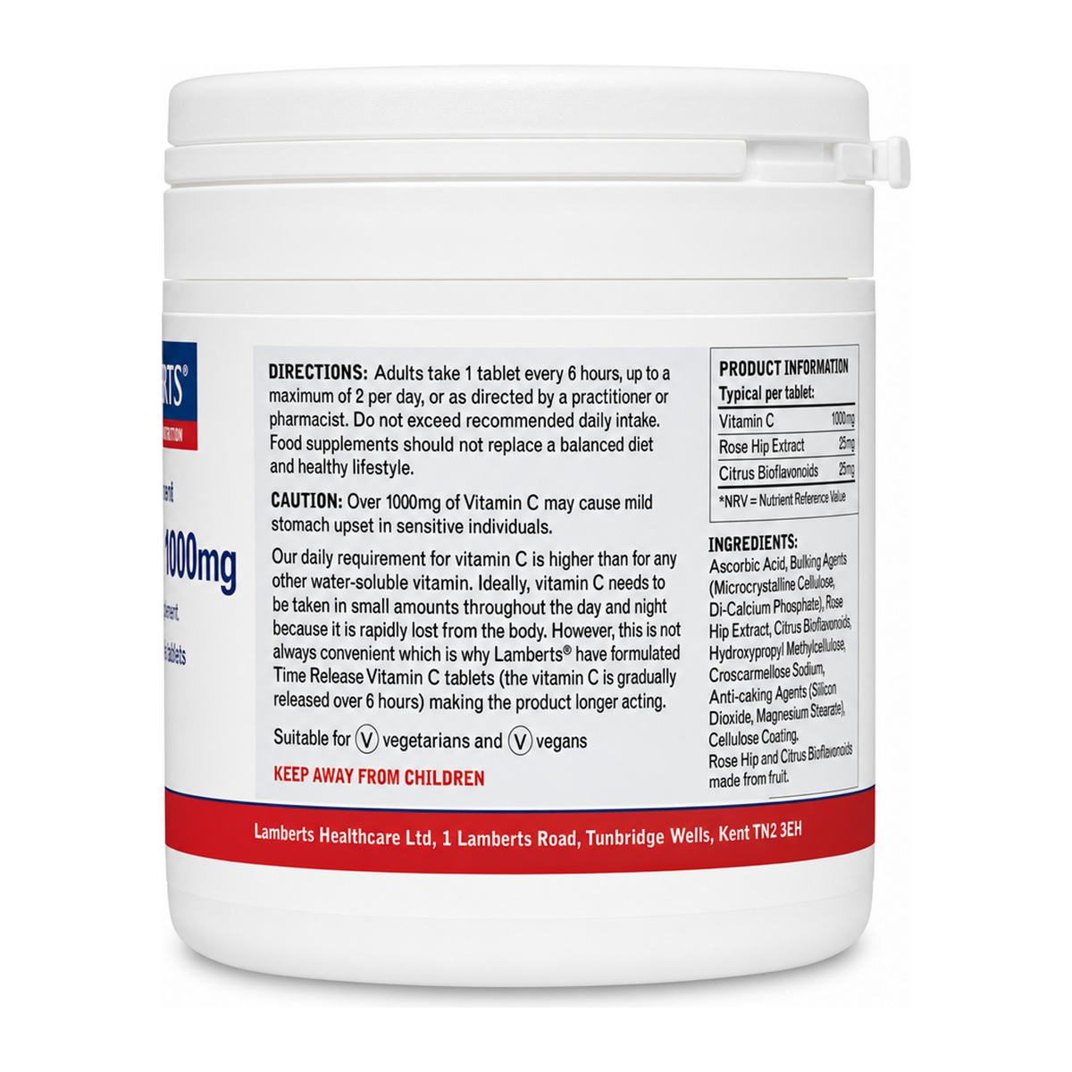 Lamberts Time Release Vitamin C 1000mg — back view showing ingredients and product details, studio product photo on white background