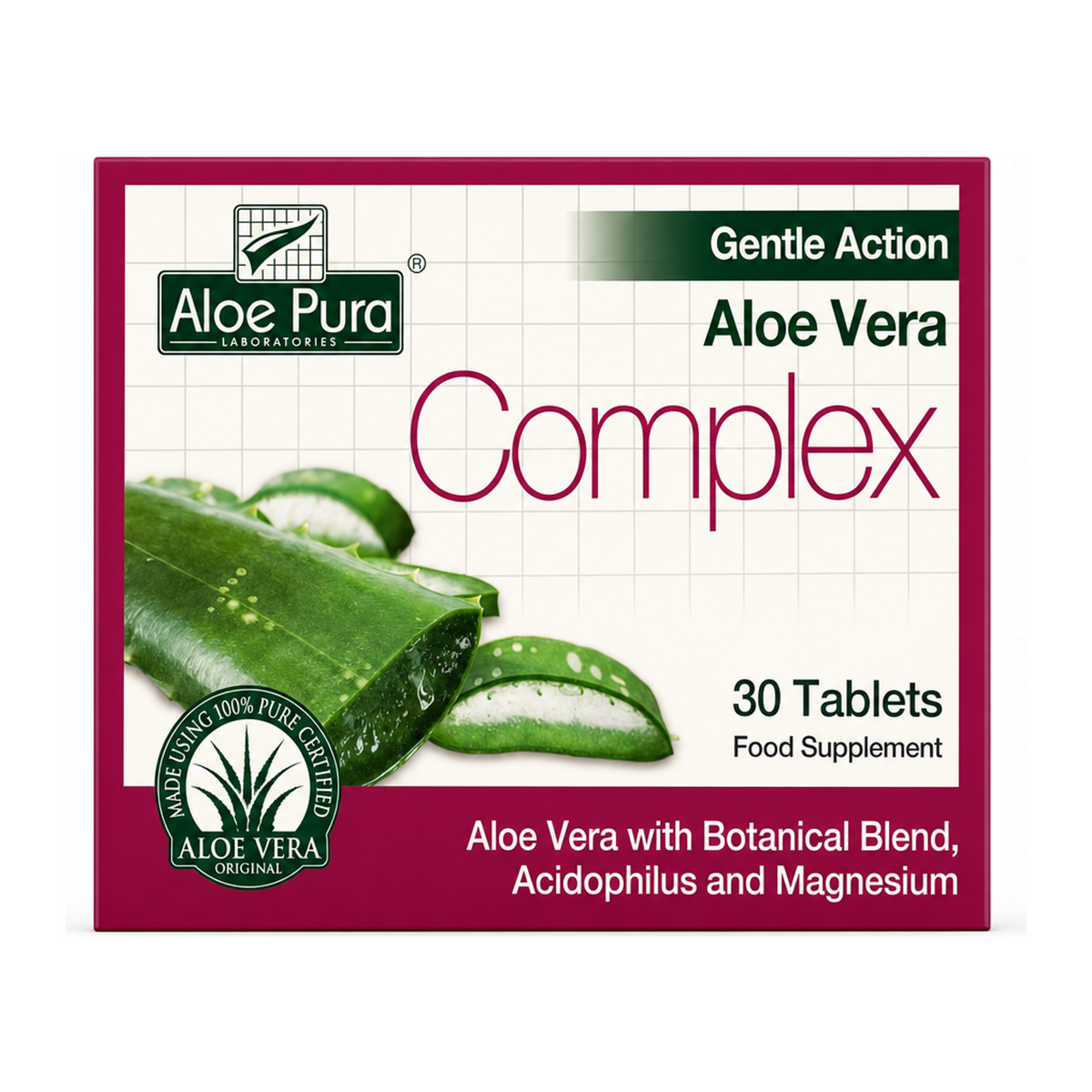 Aloe Pura Aloe Vera Gentle Action Complex 30 Tablets — front view showing product label and branding, studio product photo on white background