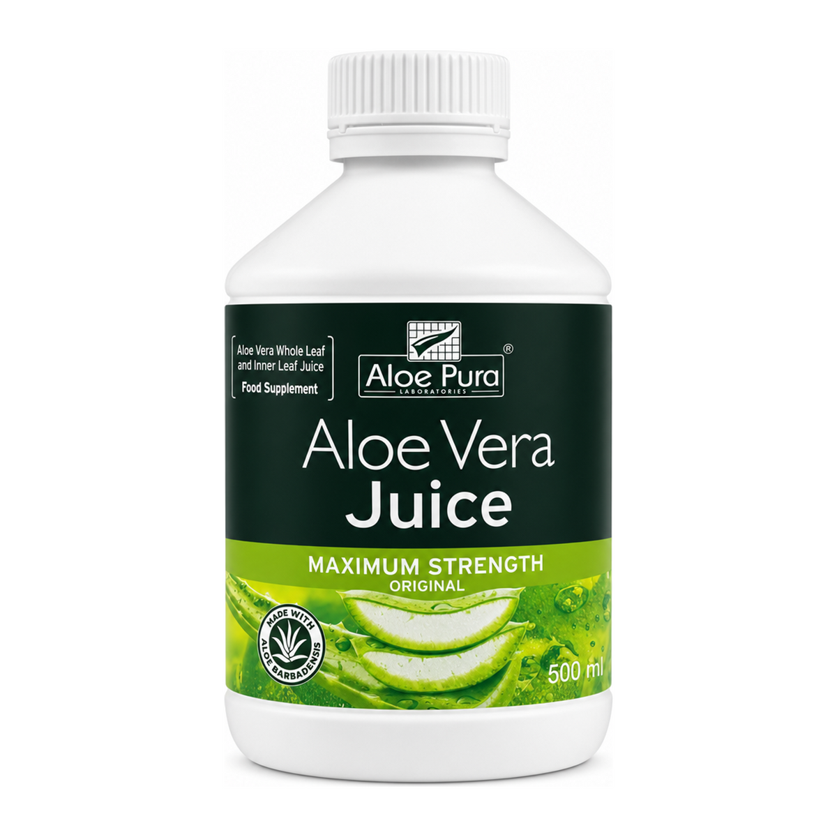 Aloe Pura Aloe Vera Juice Max Strength — front view showing product label and branding, studio product photo on white background