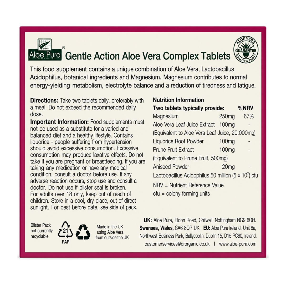 Aloe Pura Aloe Vera Gentle Action Complex 30 Tablets — back view showing ingredients and product details, studio product photo on white background