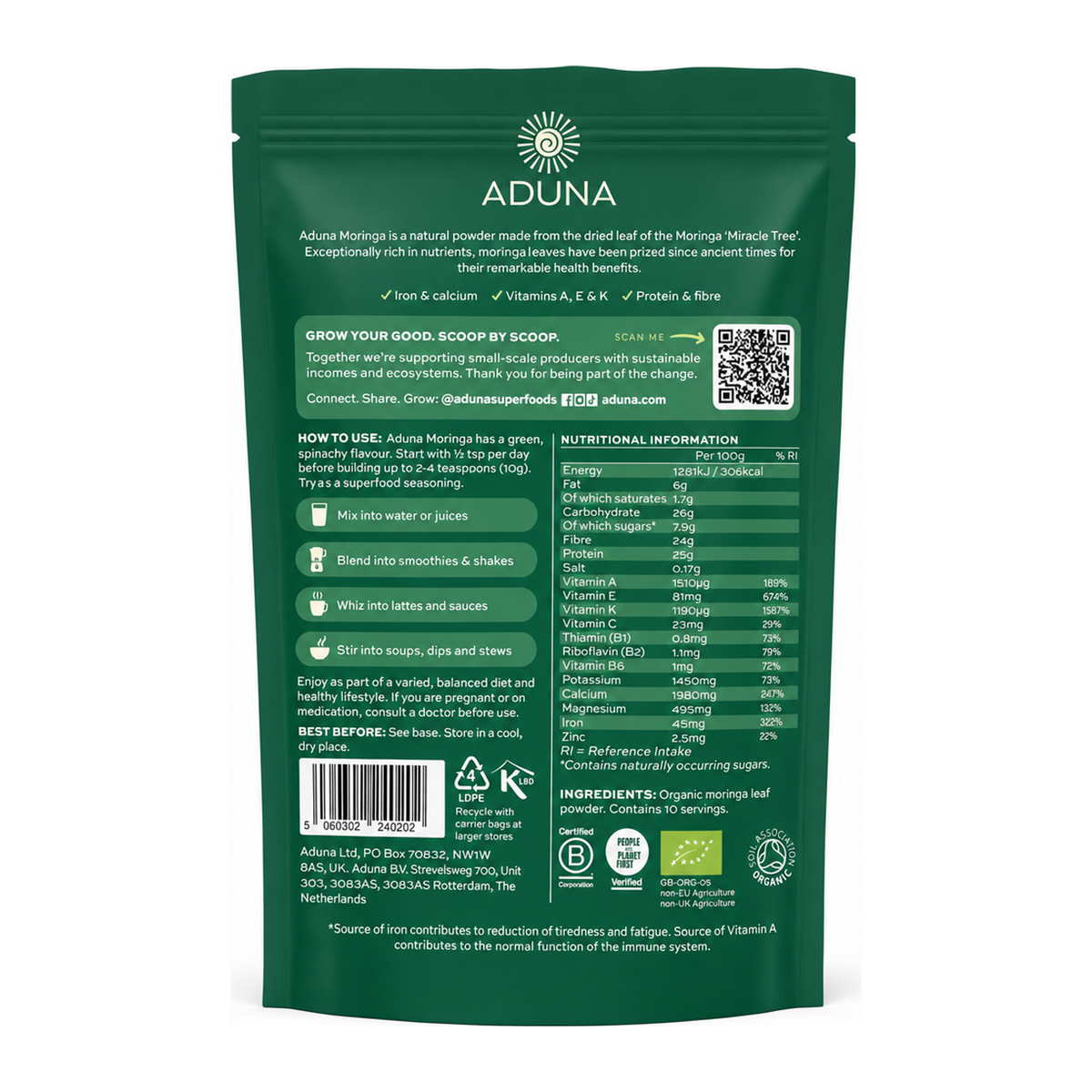 Aduna Moringa Superleaf Powder — back view showing ingredients and product details, studio product photo on white background