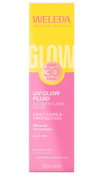 A 30 ml bottle of Weleda UV Glow Fluid SPF 30 Daily Care & Protection Mineral Sunscreen, featuring a yellow and pink box design with white text.