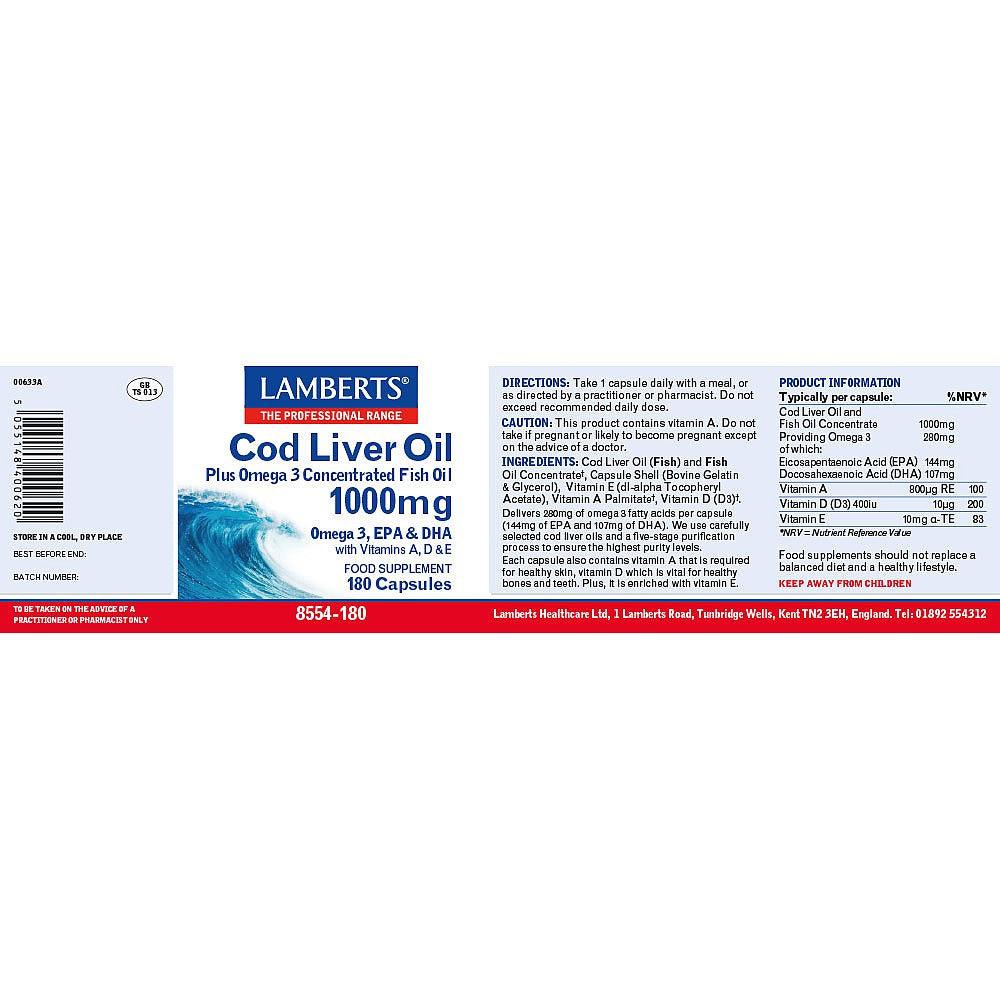 Lamberts Cod Liver Oil Plus Omega 3 1000mg 180 Capsules