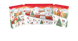 A Bonne Maman Advent calendar featuring a colorful illustration of a Christmas scene with houses, trees, and a red train.
