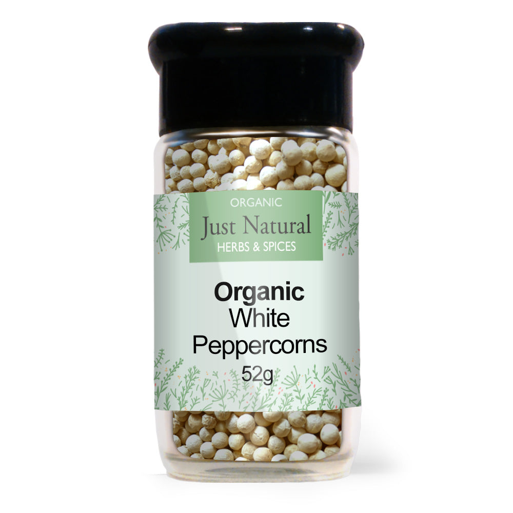 Just Natural Herbs Organic White Peppercorns (Glass Jar)