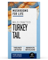 A box of Mushrooms For Life Wild Crafted Turkey Tail mushroom supplement capsules.
