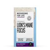 A package of 'Mushrooms For Life Organic Lion's Mane Focus' with 60 capsules for full spectrum lion's mane.