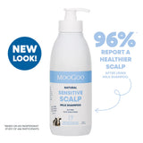 MooGoo natural sensitive scalp milk shampoo bottle with promotional text on a white background