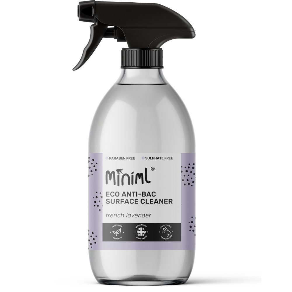 Miniml Natural Anti-Surface Cleaner Lavender in a  Glass Bottle