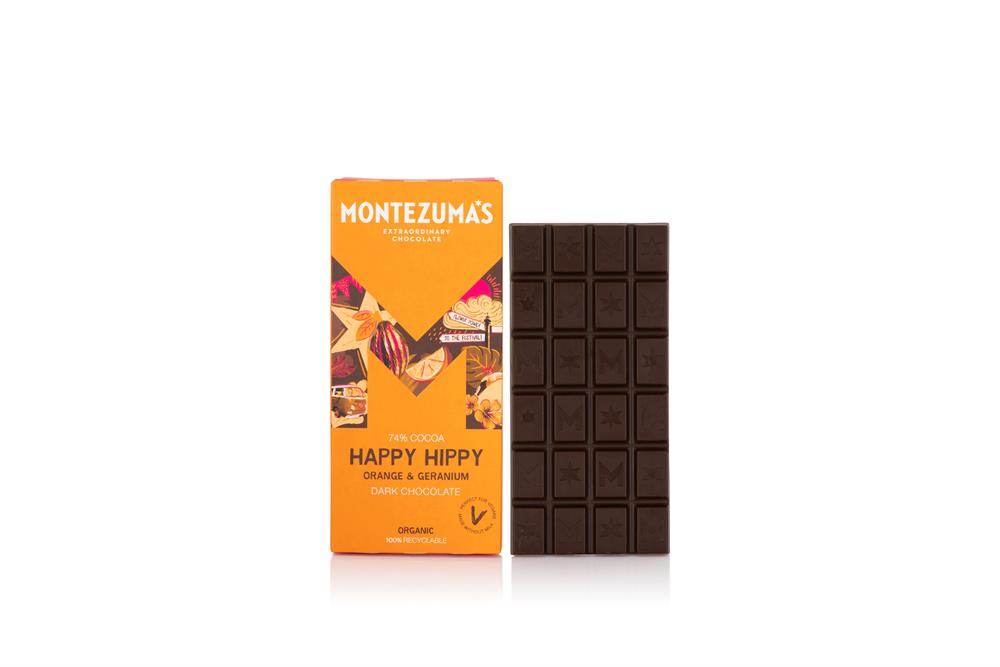 Montezumas Chocolate Happy Hippy 74% Dark Organic with Orange & Geranium