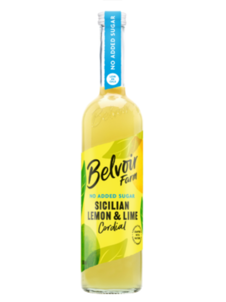Bottle of Belvoir Farm Sicilian Lemon & Lime Cordial on a white background