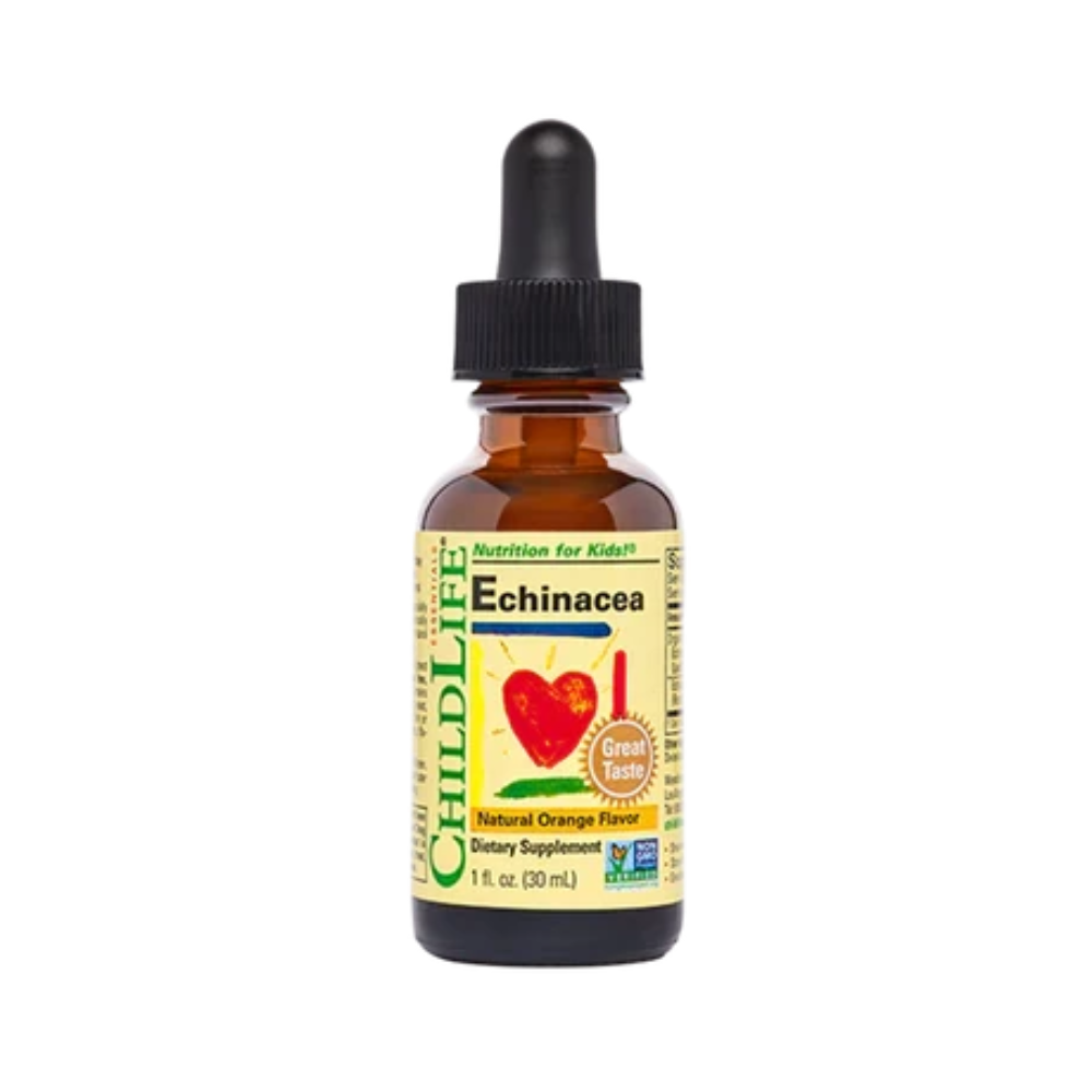 A 9 fl oz amber glass dropper bottle of ChildLife Echinacea dietary supplement with a black dropper cap and a yellow label, shown on a plain white background.