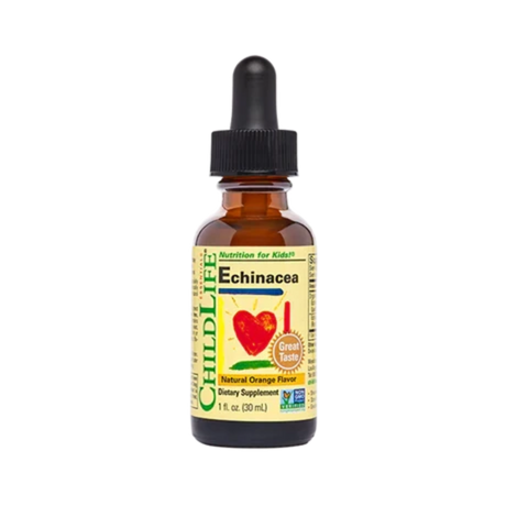 A 9 fl oz amber glass dropper bottle of ChildLife Echinacea dietary supplement with a black dropper cap and a yellow label, shown on a plain white background.