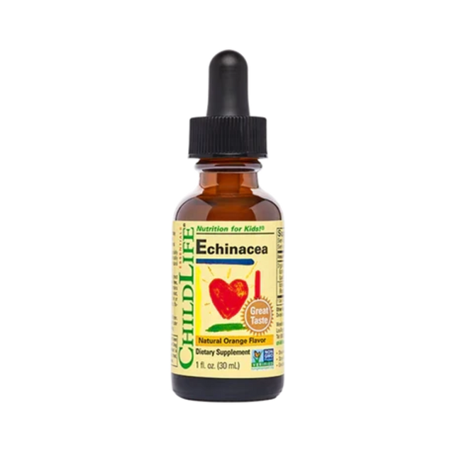 A 9 fl oz amber glass dropper bottle of ChildLife Echinacea dietary supplement with a black dropper cap and a yellow label, shown on a plain white background.