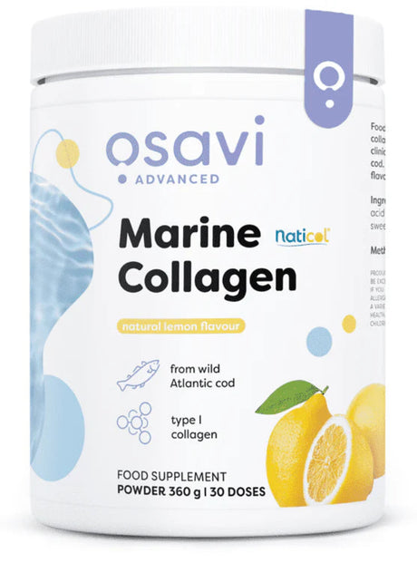 Osavi Marine Collagen supplement container with lemon flavor on a white background