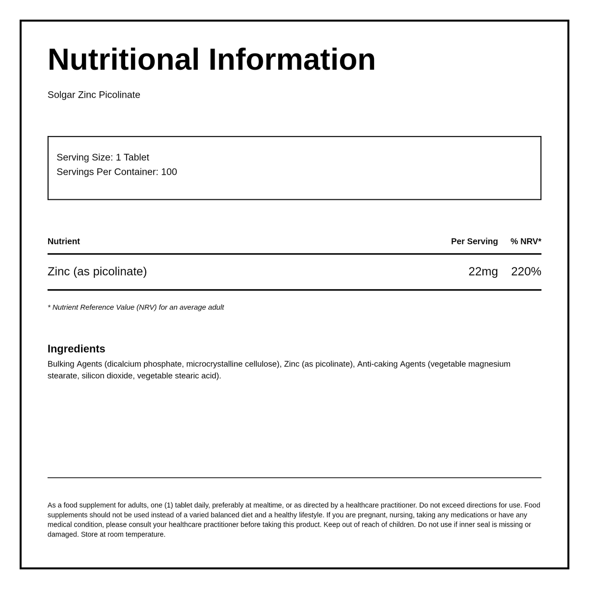 Solgar Zinc Picolinate 22 mg — nutrition and ingredients panel