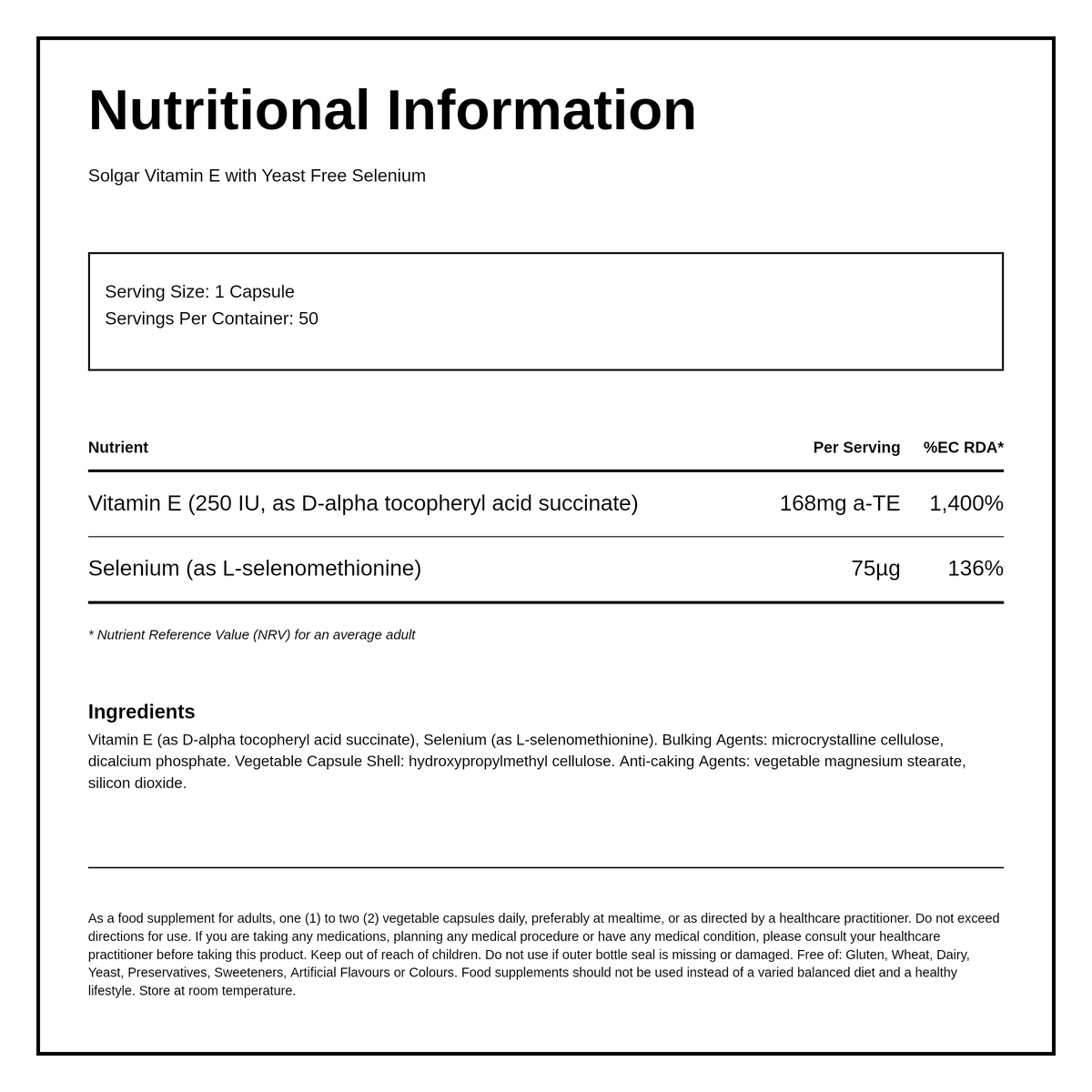 Solgar Vitamin E with Yeast-Free Selenium — nutrition and ingredients panel