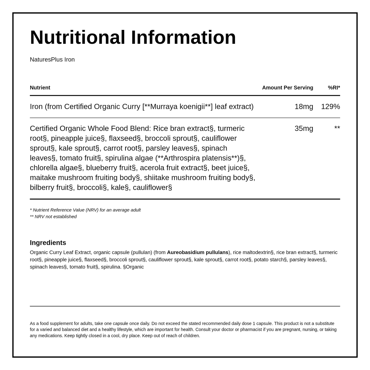 Natures Plus Source Of Life Garden Organic Iron — nutrition and ingredients panel