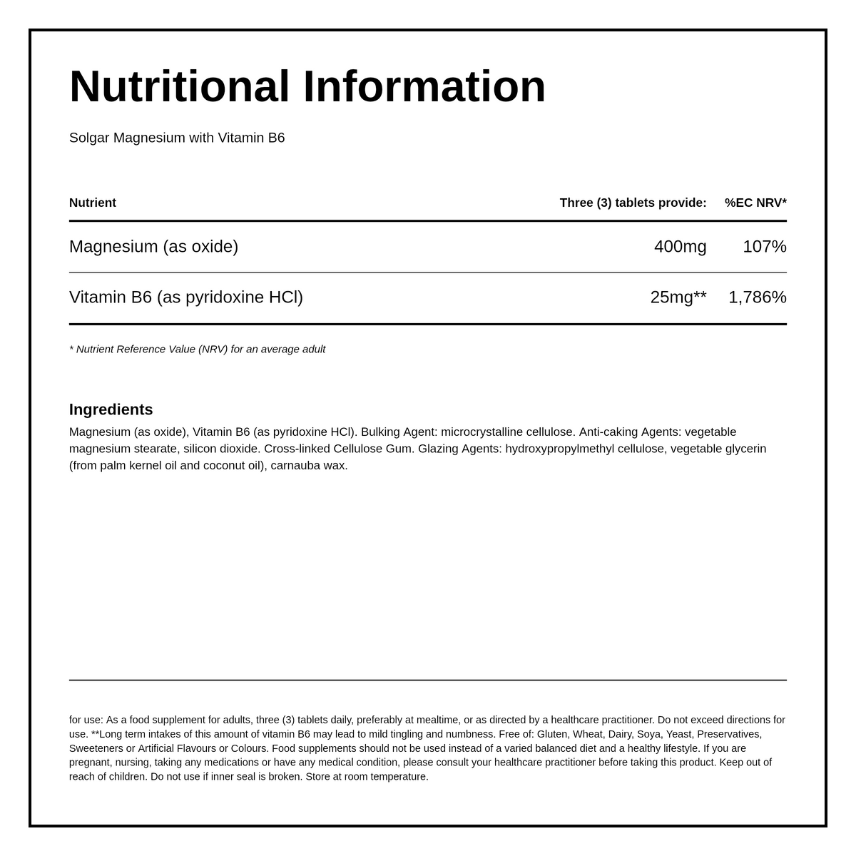 Solgar Magnesium with Vitamin B6 — nutrition information panel, generated from the pack