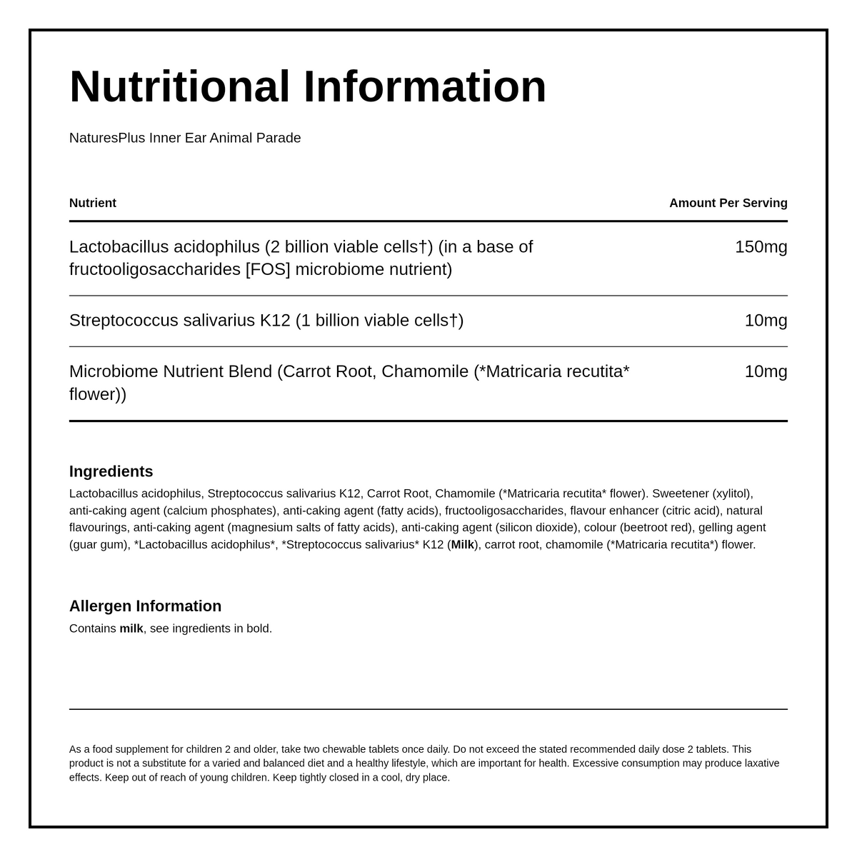 Nature's Plus Animal Parade INNER EAR SUPPORT chewable — nutrition information panel, generated from the pack