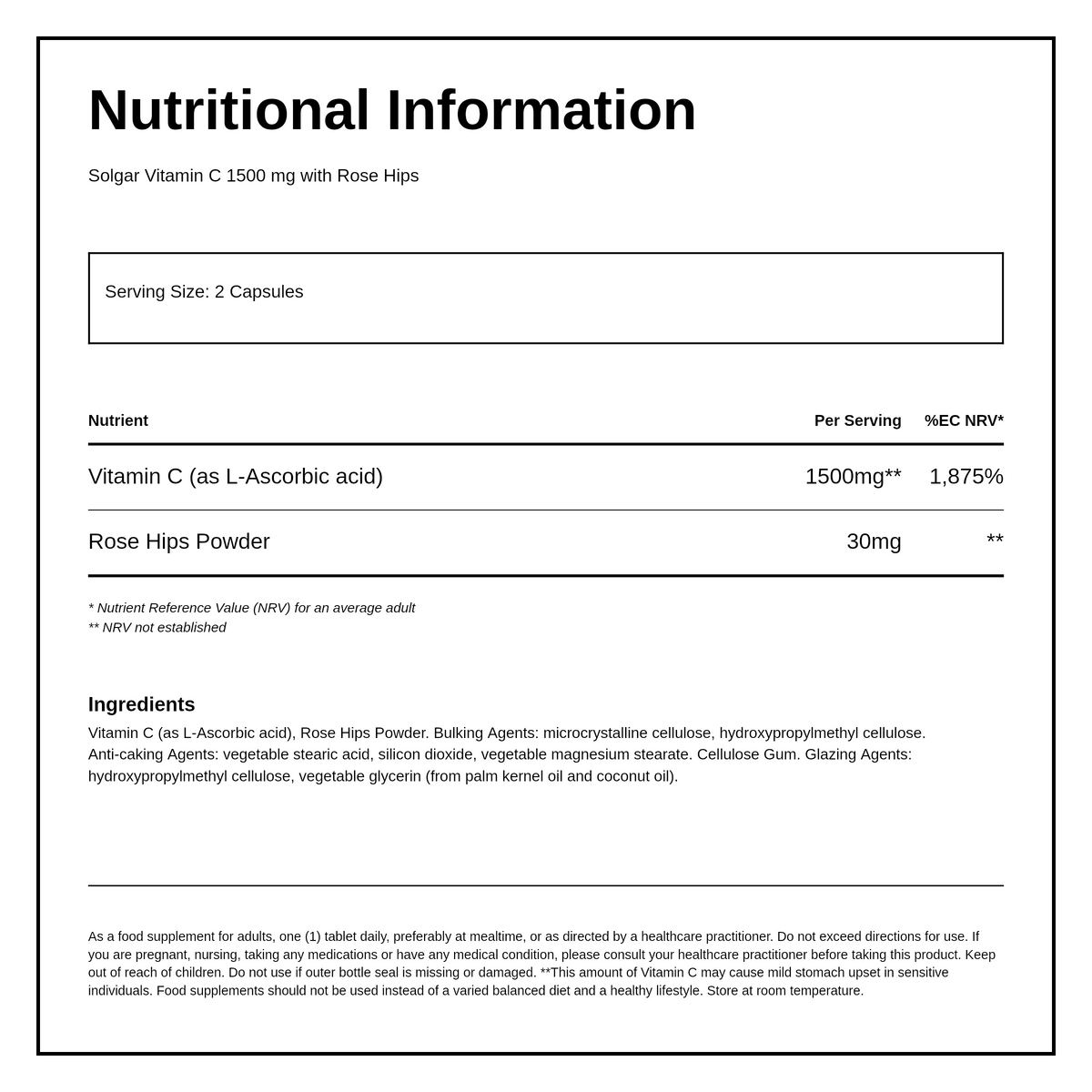 Solgar Vitamin C 1500 mg with Rose Hips — nutrition information panel, generated from the pack
