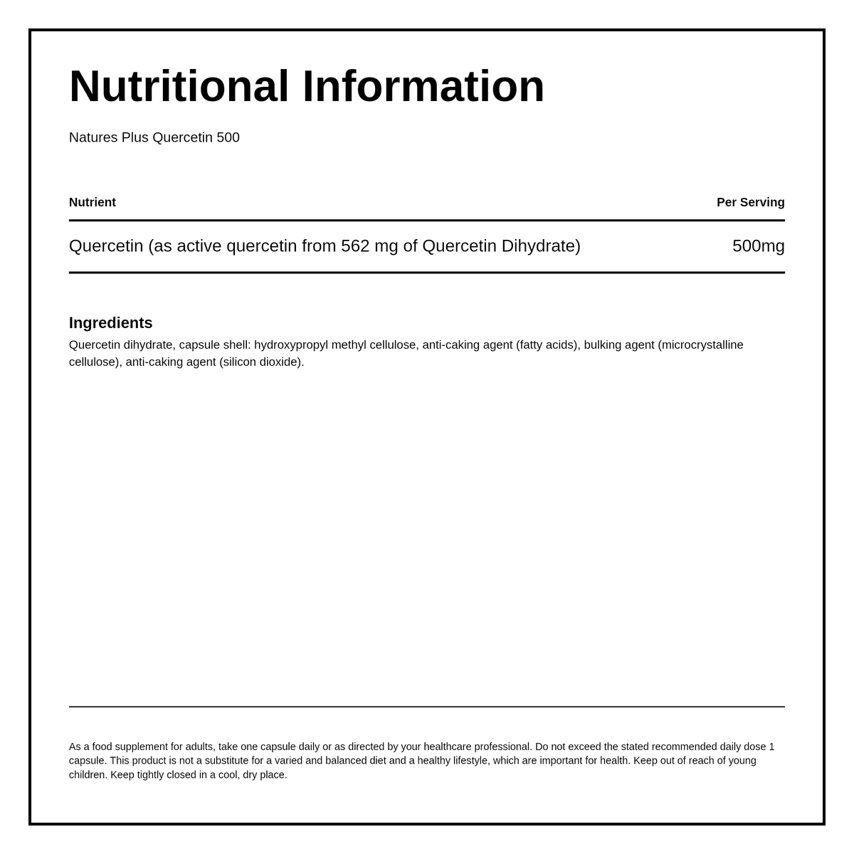 Natures Plus Quercetin — nutrition information panel, generated from the pack