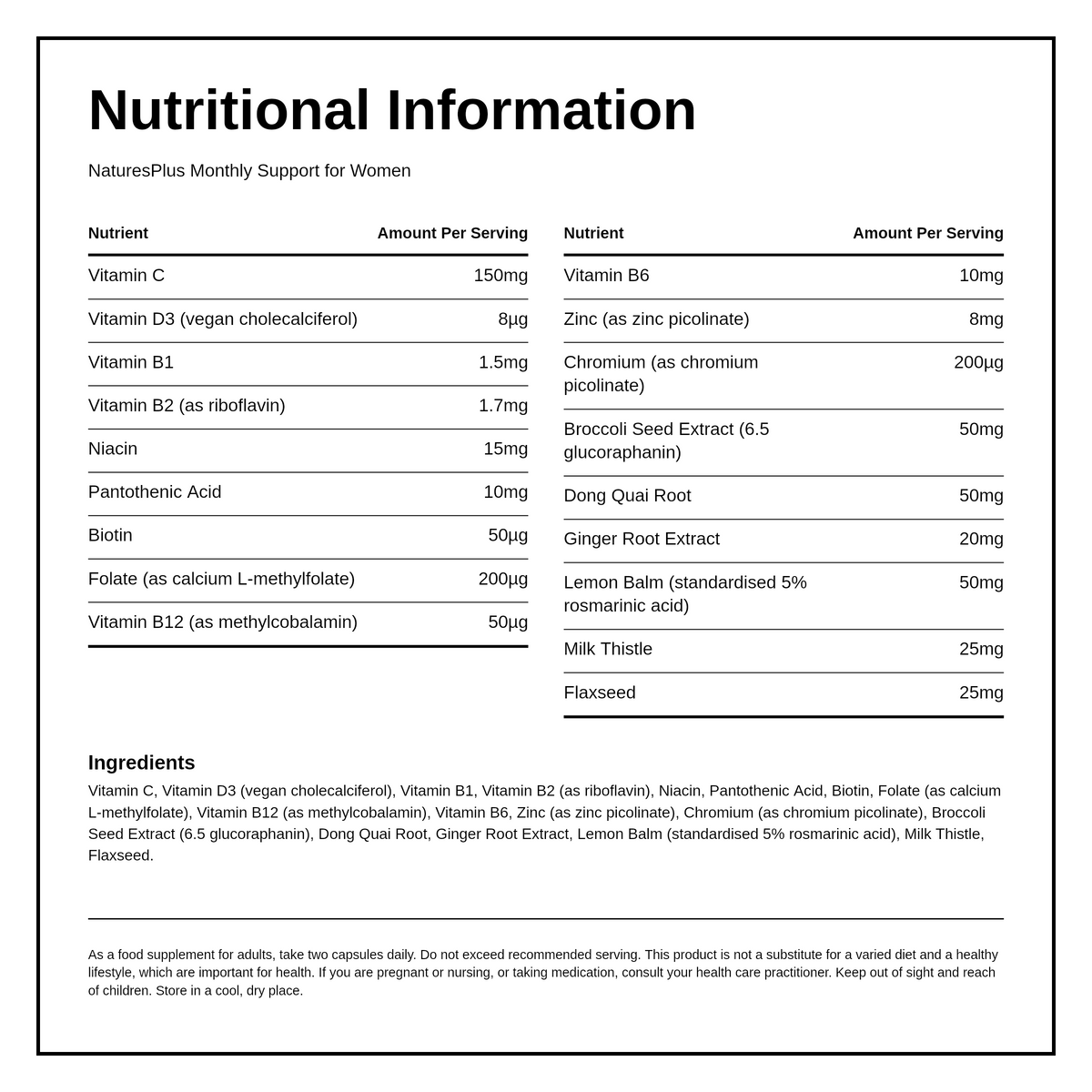 Natures Plus Bio Advanced Monthly Support for Women — nutrition information panel, generated from the pack