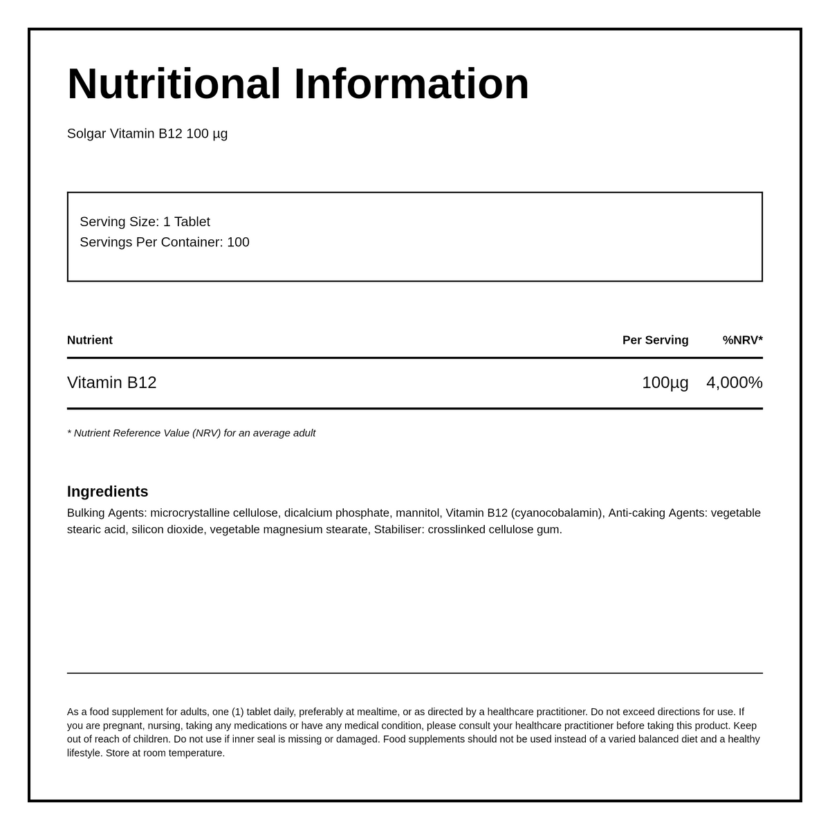Solgar Vitamin B12 100 mcg — nutrition information panel, generated from the pack