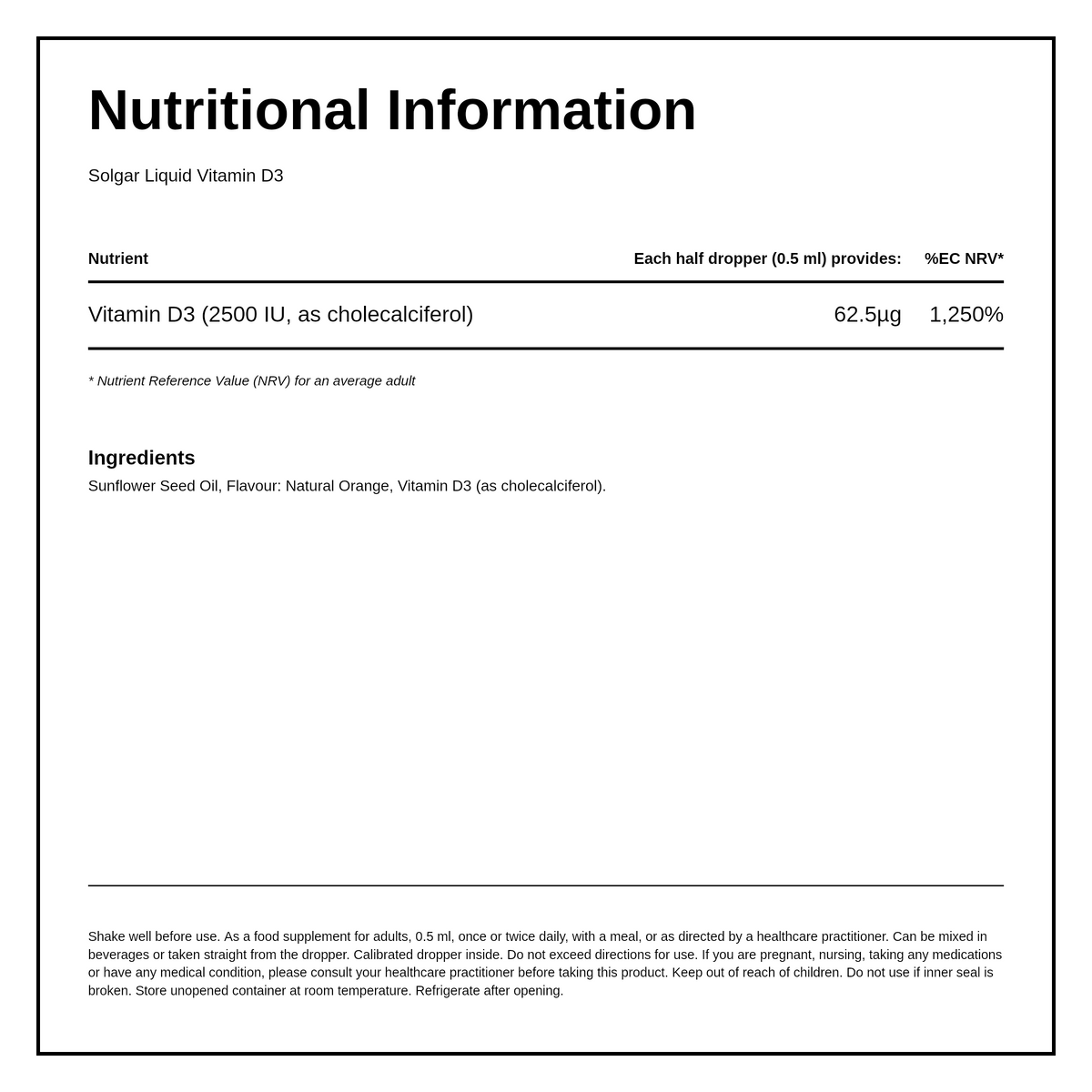 Solgar Vitamin D3 2500 IU (62.5 mcg) Liquid — nutrition information panel, generated from the pack