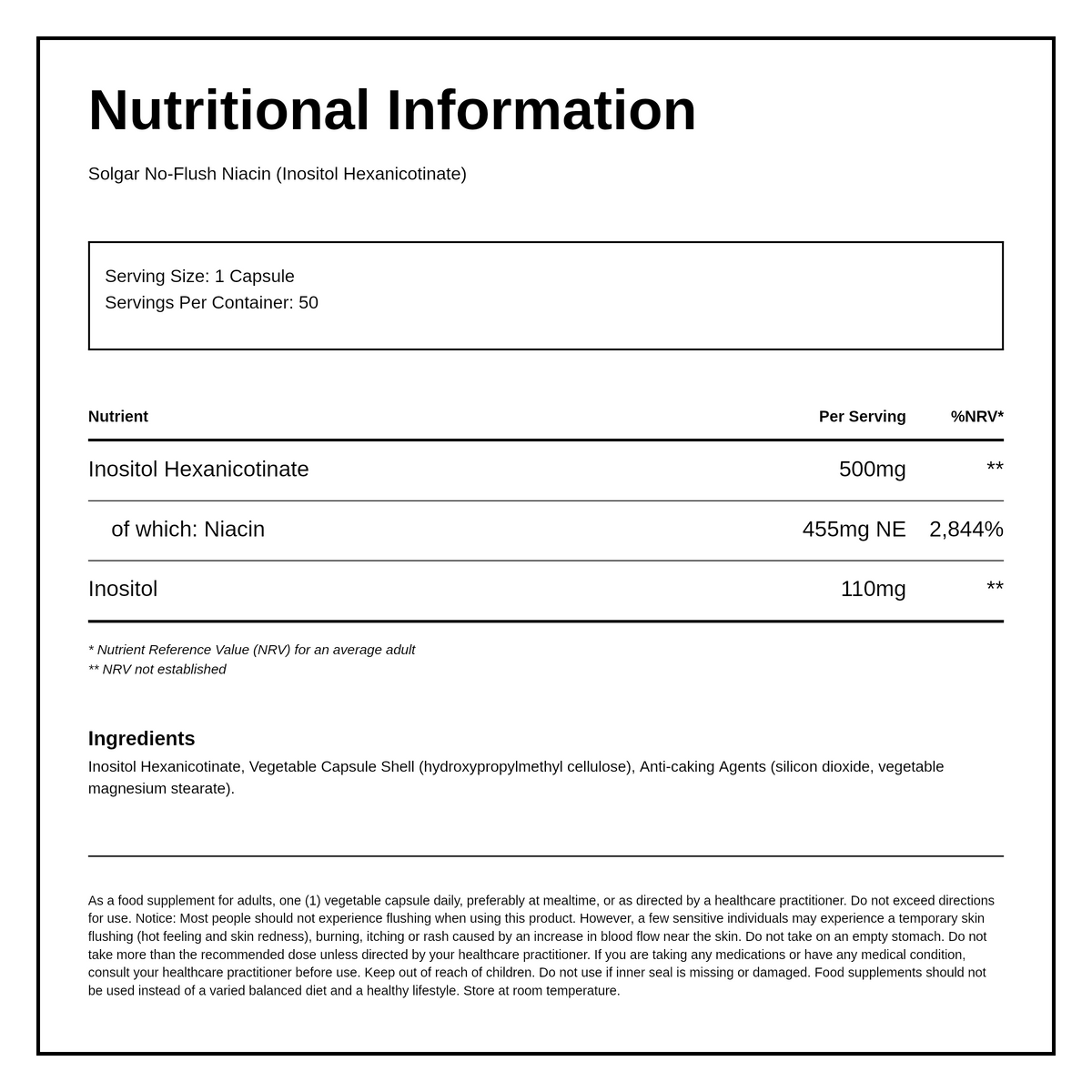 Solgar No-Flush Niacin (Inositol Hexanicotinate) 500 mg — nutrition information panel, generated from the pack