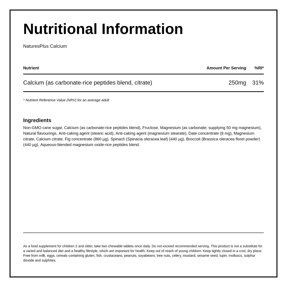 Nature's Plus Animal Parade Calcium Chewables — nutrition information panel, generated from the pack