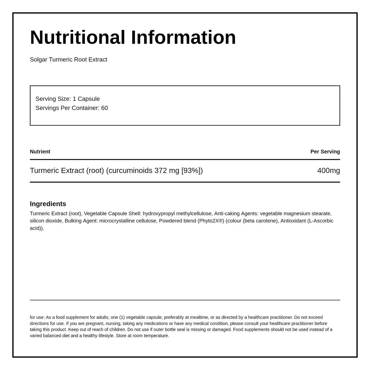 Solgar Turmeric Root Extract — nutrition information panel, generated from the pack