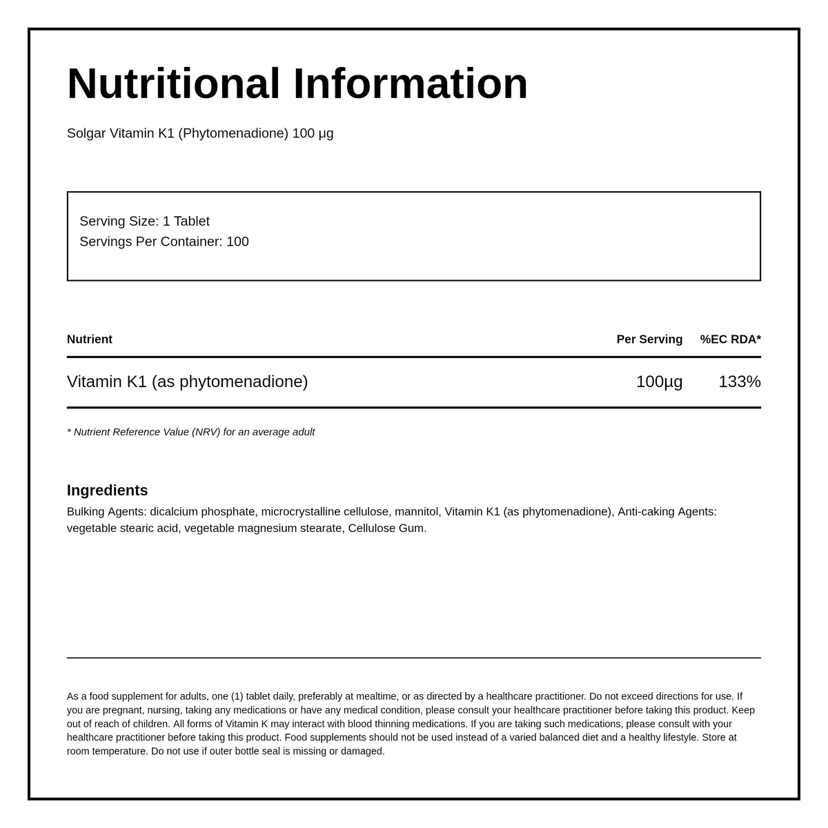 Solgar Vitamin K1 100 mcg Tablets — nutrition information panel, generated from the pack